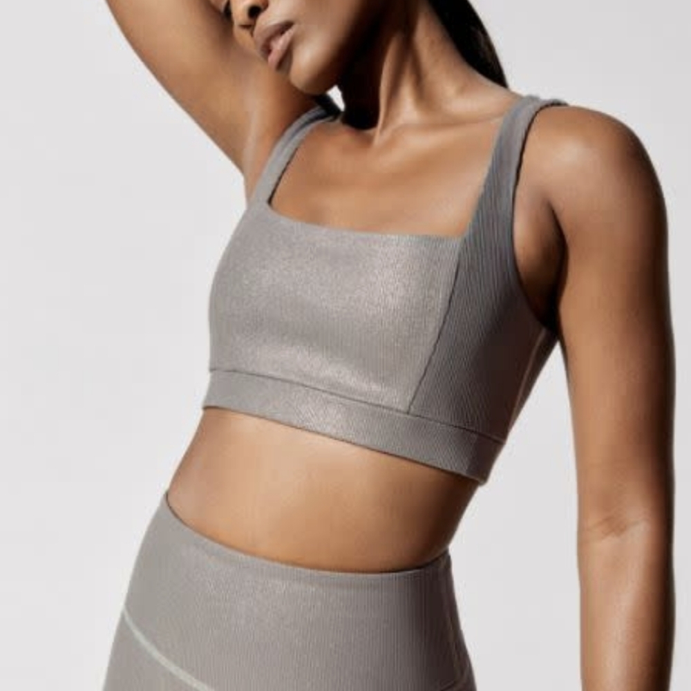 Gray ONA x Carbon38 Ribbed Foil Crop Top Sports Bra & Hi-Rise Leggings Set S